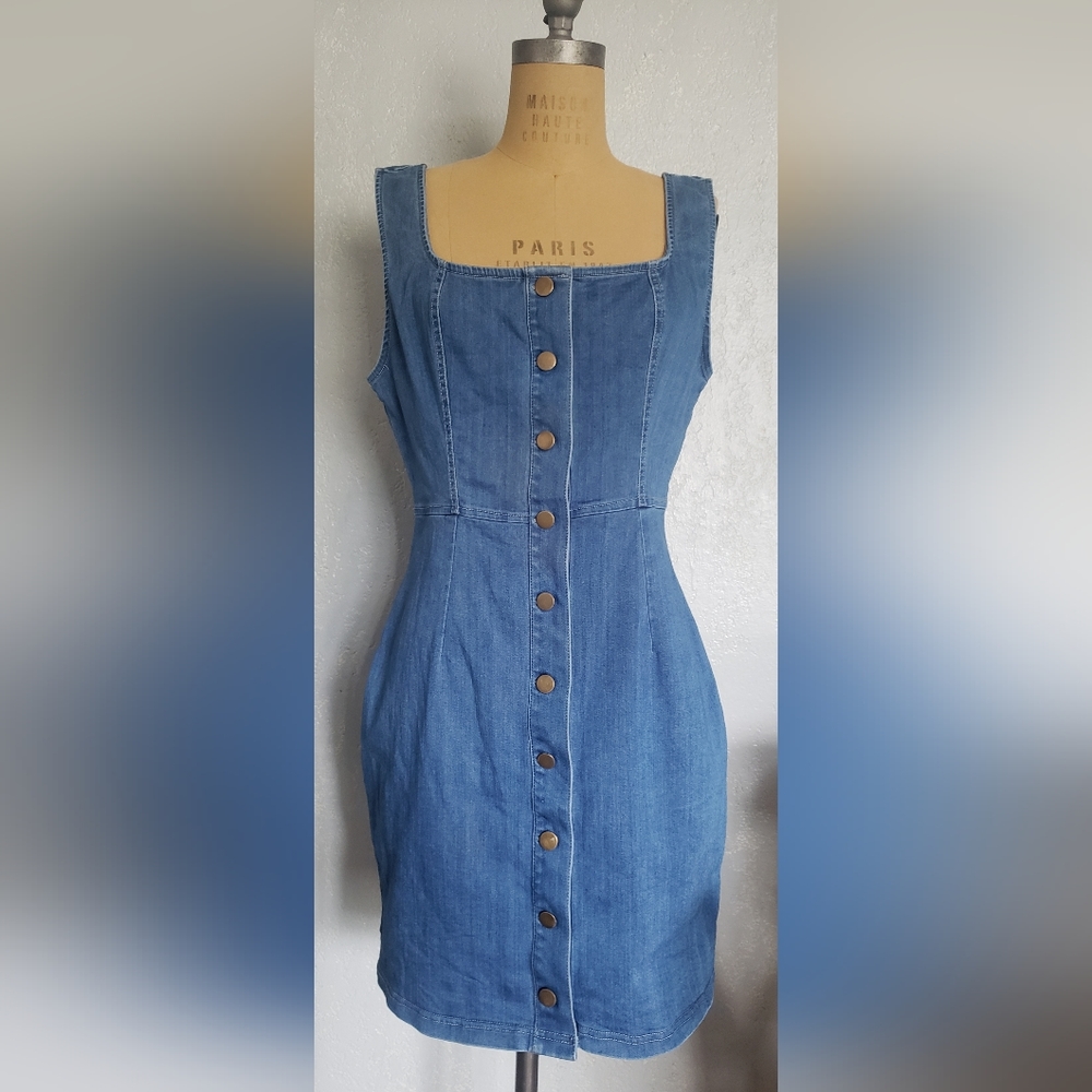 Blashe Sleeveless Stretchy Mini Blue Denim  Button-up Fitted  Dress Size L
